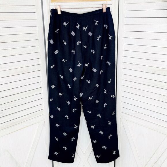 Talbots Irish Linen Paris Embroidered Trouser Pants Blue 6 Eiffel Tower - Picture 2 of 14